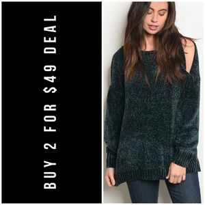 ❄️LAST2️⃣//TEAL CHENILLE COLD SHOULDER SWEATER